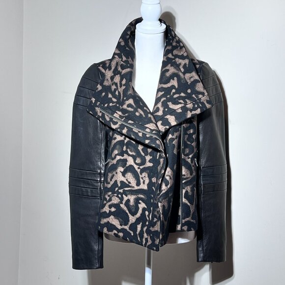 Diane Von Furstenberg Marvela Wool Jacket w/Leather Sleeves Black/Bronze Sz M 8 - Picture 1 of 13